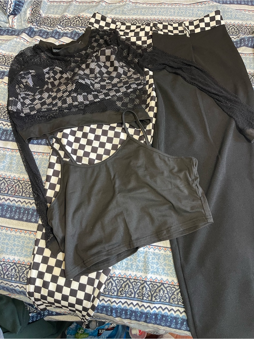SHEIN Black Mesh Long Sleeve Crop Top with Black Tank and Checkerboard Pants
